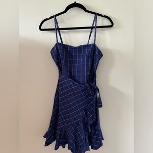 Jeans and Blouses Blue and White Plaid Ruffle Wrap Tie Short Mini Dress - Size 8